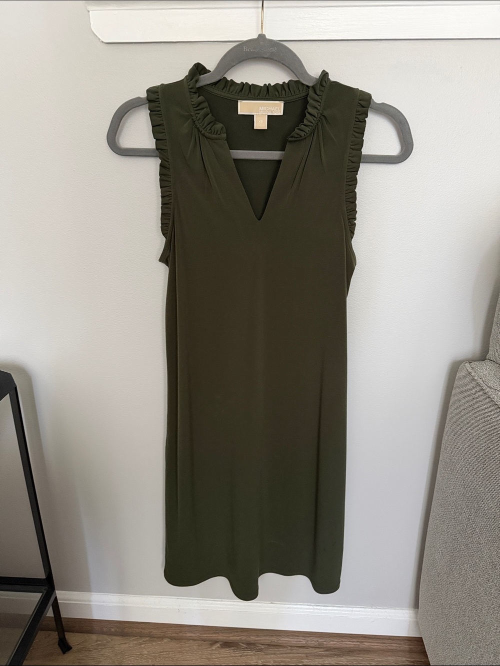 MICHAEL Michael Kors Olive Sleeveless Ruffle-Trim V-Neck Mini Dress